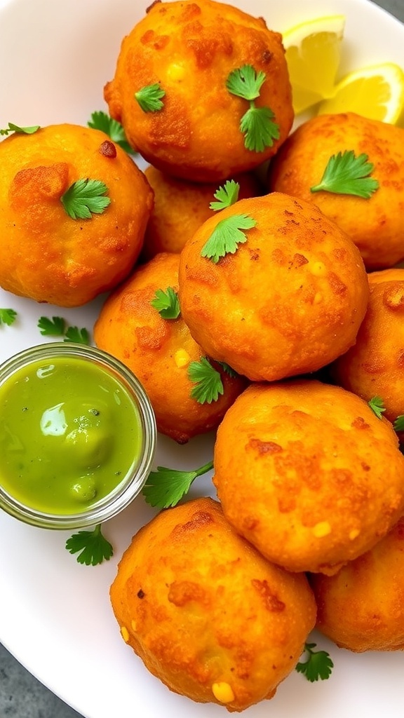 Crispy corn vadas served with green chutney and lemon slices on a plate.
